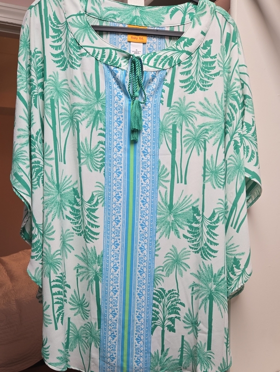 Ruby Rd. Tops - Ruby Rd. Teal Palm-Print Tassel Front Blouse